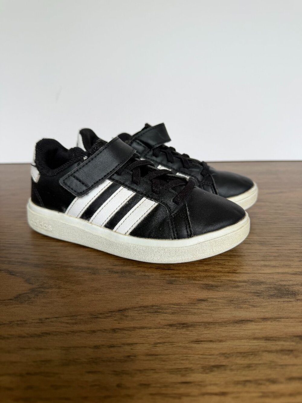 adidas Kids Black & White Stripe Hook-and-Loop Sneaker